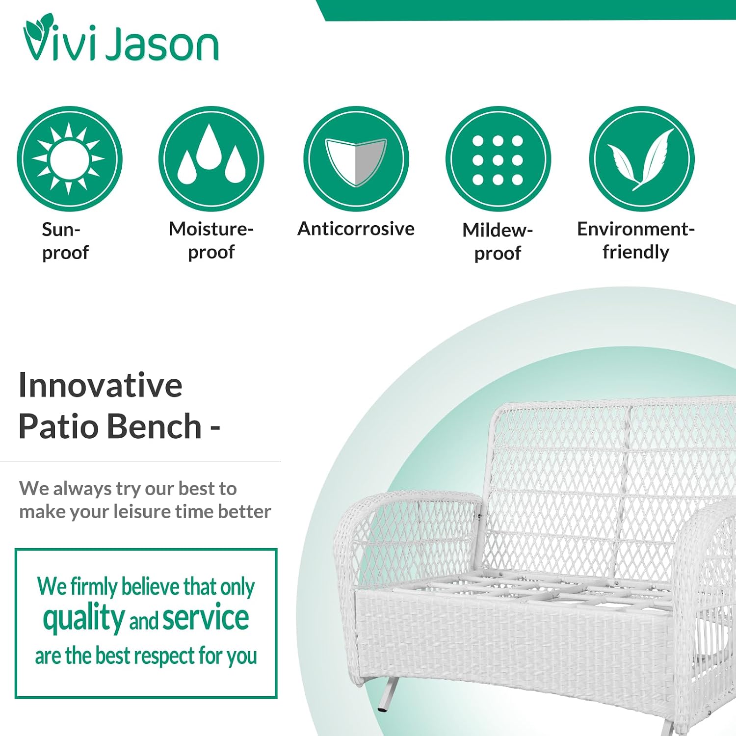 VIVIJASON 2-Piece Patio White Wicker Loveseat Glider Set Cushioned, Outdoor Conversation Furniture Sets W/ 2-Seater Glider Rocking Bench, Coffee Table and Cushions for Porch Garden Poolside, Navy Blue