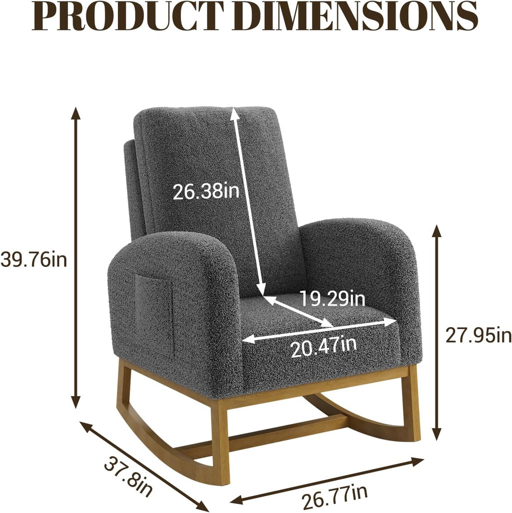 Teddy Upholstered Rocking Chair Nursery, Glider Rocker Chair with High Backrest and Side Pocket, High Back Accent Chair with Wood Legs, Comfy Side Chair for Nursery- Dark Gray