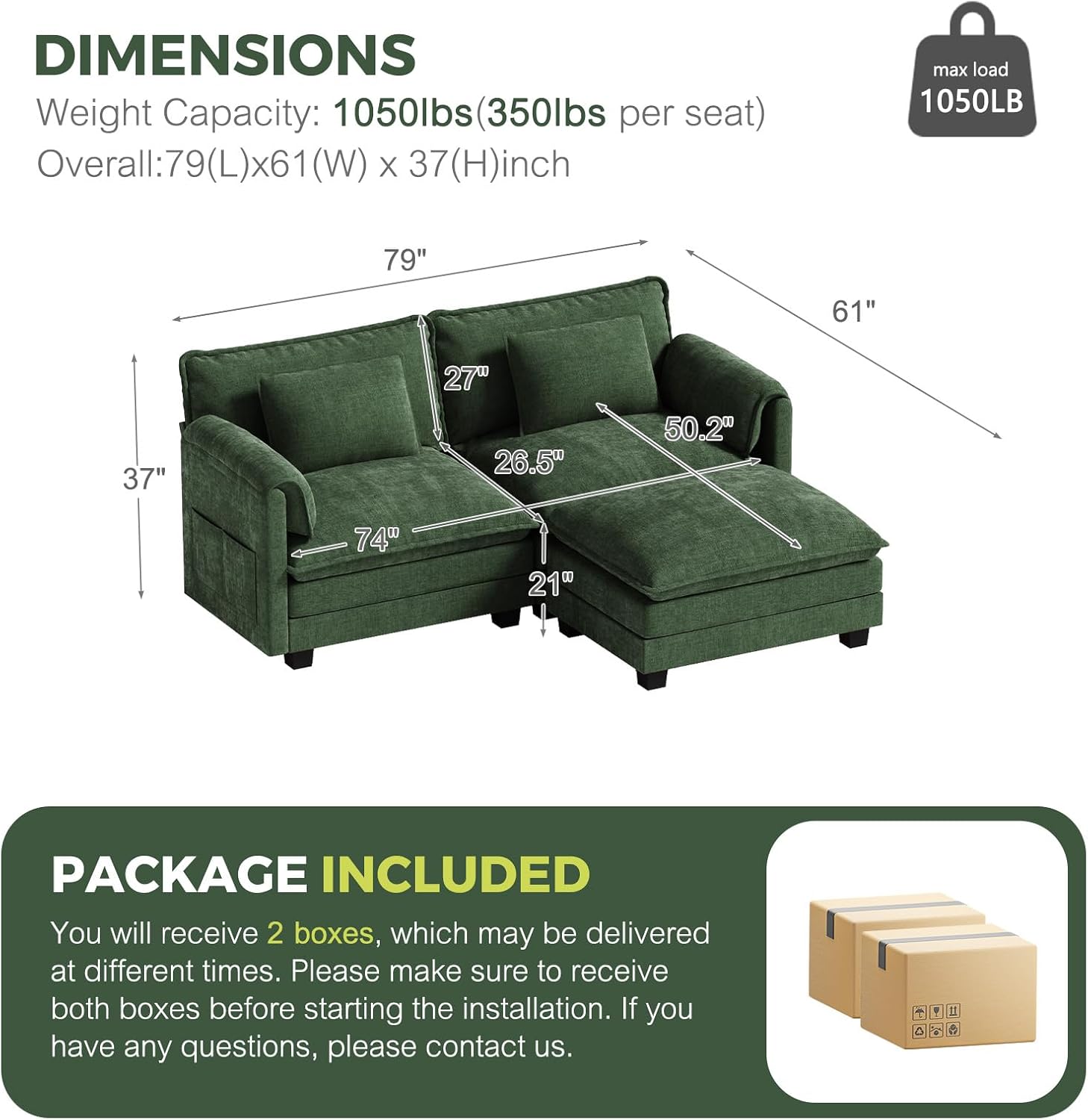 ELUCHANG Oversized 79' Modular Sectional Sofa, Comfy Cloud Couch for Living Room, L-Shaped Sofa with Ottoman, Apartment Couch, DIY Combination - Chenille Green