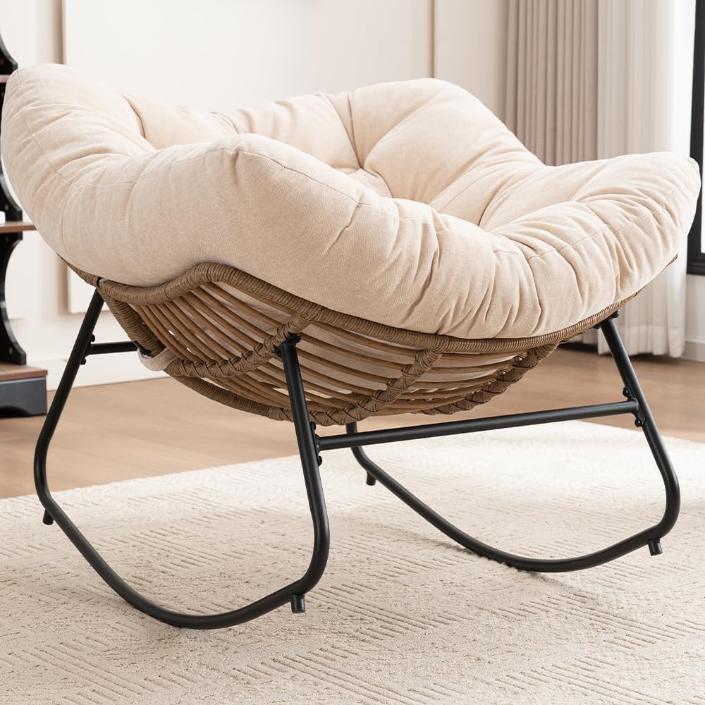 Outdoor Papasan Chair, Oversized Rocking Chair with Cushion and Metal Frame, Patio Lounge Rocking Chair for Balcony Backyard Porch Bedroom Living Room (Beige)