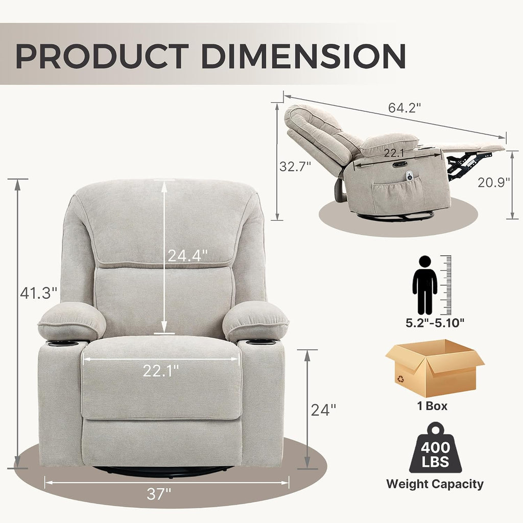 Recliner Chair Power Control, Nursery Reclining & Rocking Chair and Glider, Massage Swivel Living Room Furniture for Small Spaces, Bedroom, RVS, Lounge Sofa Chairs with USB & Type C Ports, Light Gray