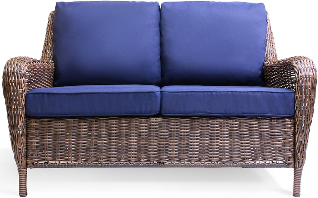 Cambridge Outdoor Wicker Loveseat Sofa: All-Weather HDPE Rattan Resin Furniture Patio Couch w/CushionGuard, Midnight Navy Blue