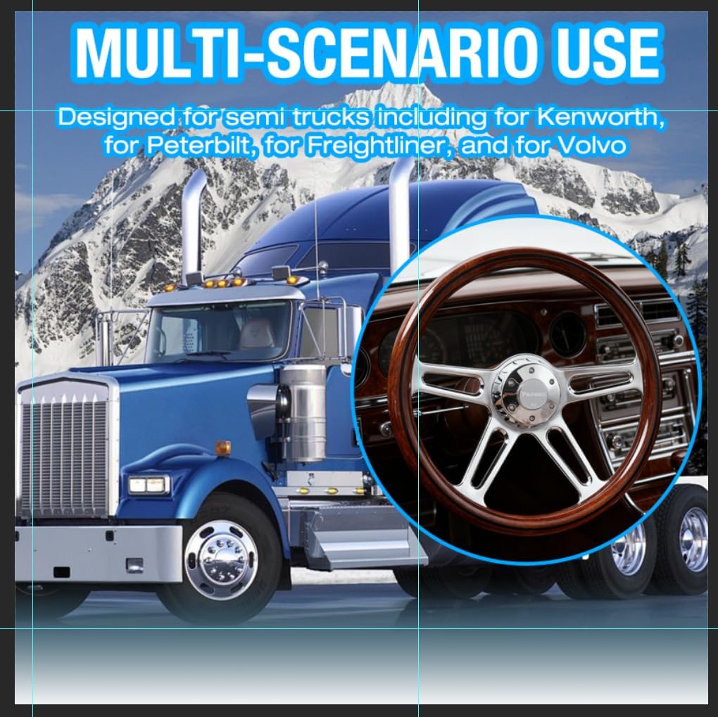 18 in Solid Wood lacquering Truck Steering Wheel,4 Spokes 5-Bolt Chrome Aluminum Classic Wood Grain Steering Wheel 5 Bolt fit For Kenworth,for Peterbilt,for Volvo,for Freightliner