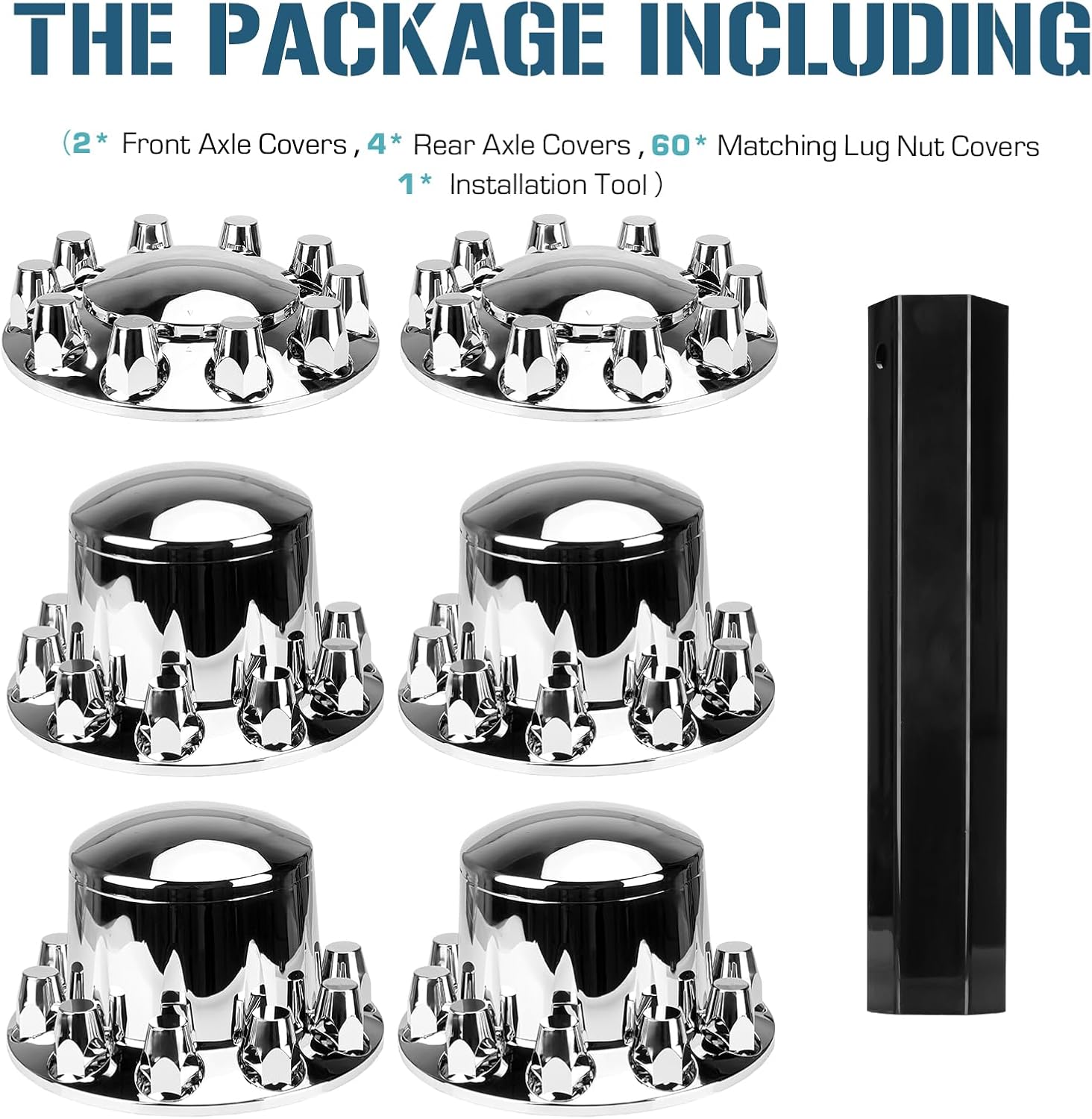 2 Front and 4 Rear Axle Wheel Covers 33mm Axle Cover Dome Chromed Thread-On Standart Lug Nut Covers with Removable Hub Caps for Semi Truck (Installation Tool Included)