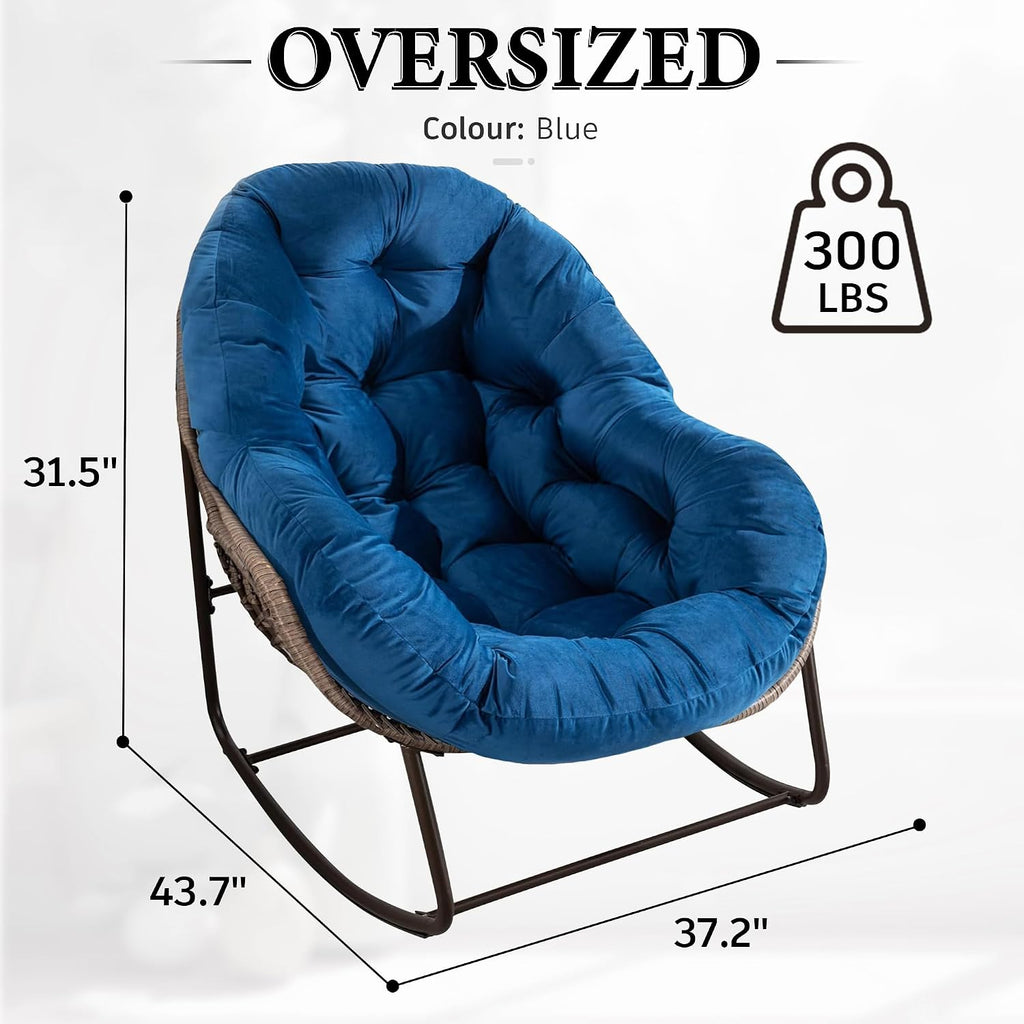 Large Indoor Outdoor Rocking Chair, Oversized Rocking Papasan Chair with Thick Cushion and Frame Outdoor Rocker, Comfy Wicker Egg Chairs Lounge for Outside Porch Patio Backyard (Blue, Set of 2)
