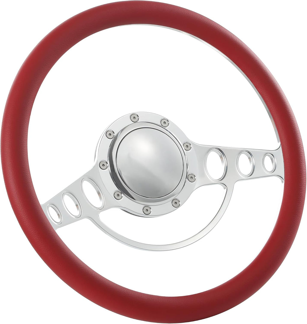 14'' Billet Half Wrap 9 Bolts Steering Wheel with 2'' Dish and Horn Button (Red)