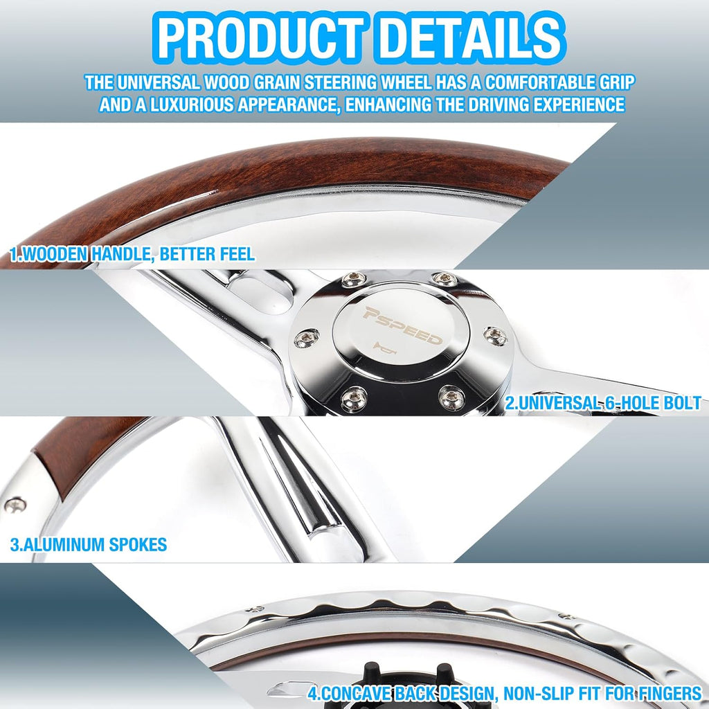 14 inch Wood D-shaped Universal steering wheel, 6 Bolt 3 Spokes Chrome-Plated aluminum alloy,50mm Deep Dish with horn Fit for Vintage,for Racing,for boat for Classic car steering wheel