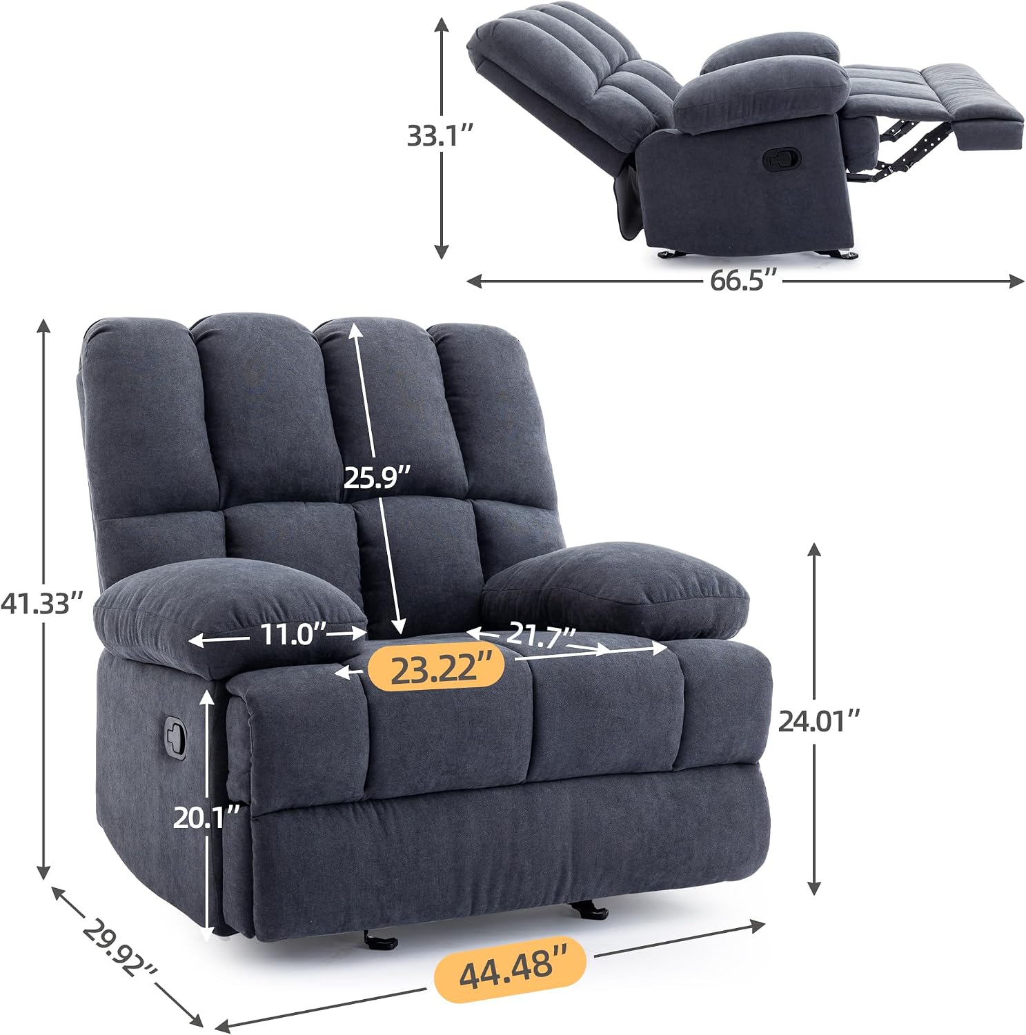 WILLOVE Oversized Rocker Recliner Chair Rocking Recliners Overstuffed Soft Big Man Manual Recliner Extra Large Living Room Chair 350 LBS Capacity, Grey, XL