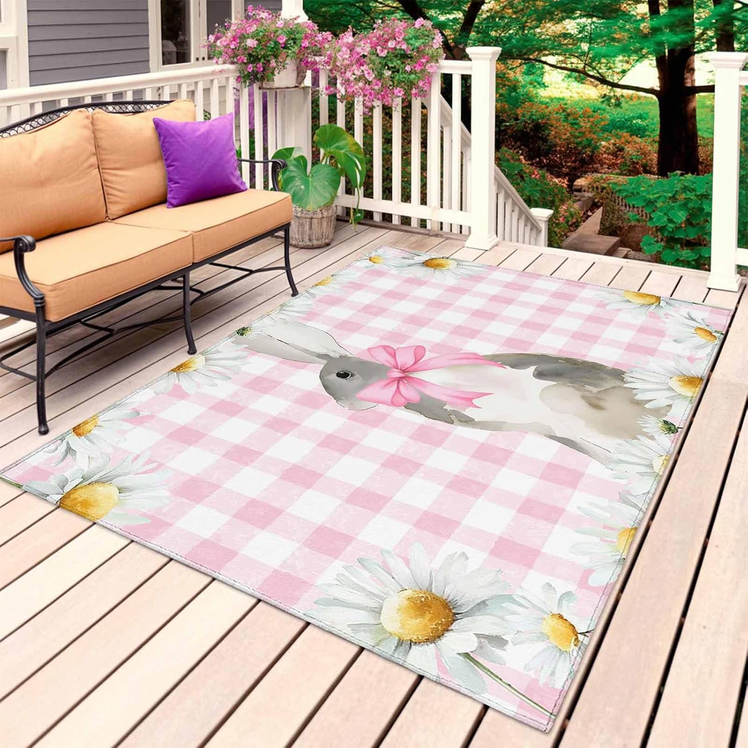 Blue Easter Bunny Outdoor Rug for Patio/Deck/Porch, Non-Slip Large Area Rug 5 x 7 Ft, Spring Daisy Modern Pink Buffalo Plaid Indoor Outdoor Rugs Washable Area Rugs, Camping Rug Carpet Runner