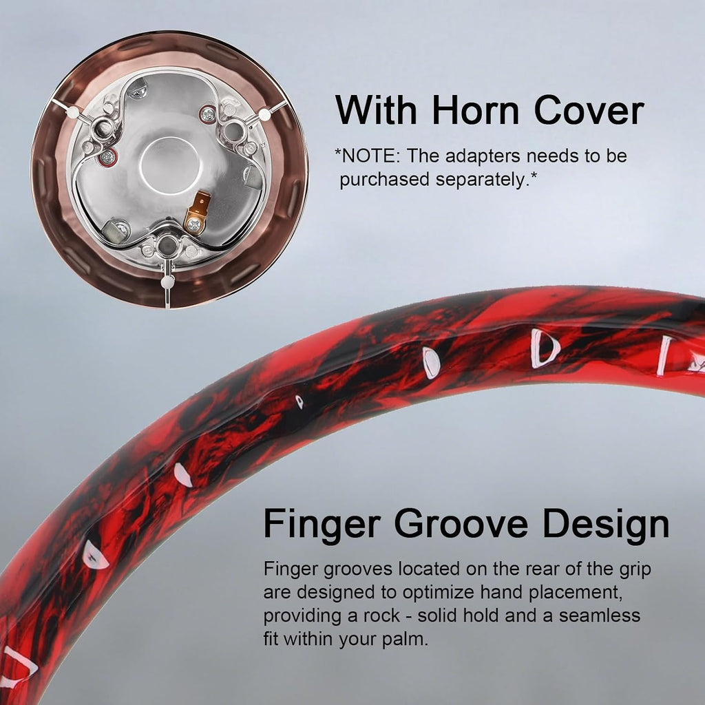 Sorghum 18' Solid Wood Steering Wheel - Hydrographic Red Skulls 4 Spokes Aluminum Chrome Steering Wheel with Horn Button for Trucks Compatible with Mack Kenworth Peterbilt Volvo Freightliner