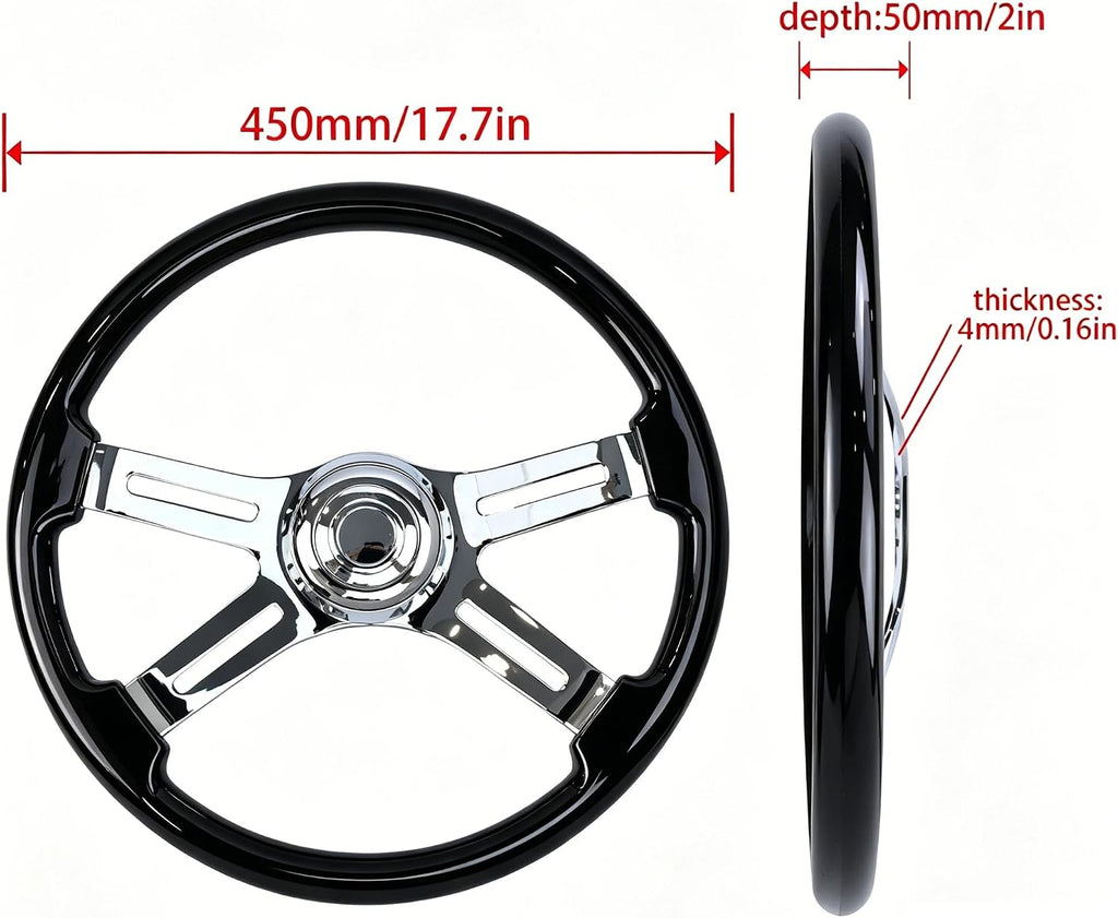 18' Walnut Wood Truck Steering Wheel 4 Spoke Aluminum Chrome Plated Steering Wheel for Semi-Trailers,Trucks for Kenworth t800 Accessories,Peterbilt,Volvo, Freightliner,Black（ABS）