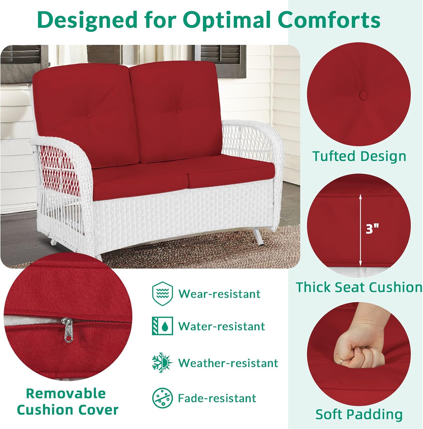 VIVIJASON 2-Piece Patio White Wicker Loveseat Glider Set Cushioned, Outdoor Conversation Furniture Sets with 2-Seater Glider Rocking Bench, Coffee Table and Cushions for Porch Garden Poolside, Red