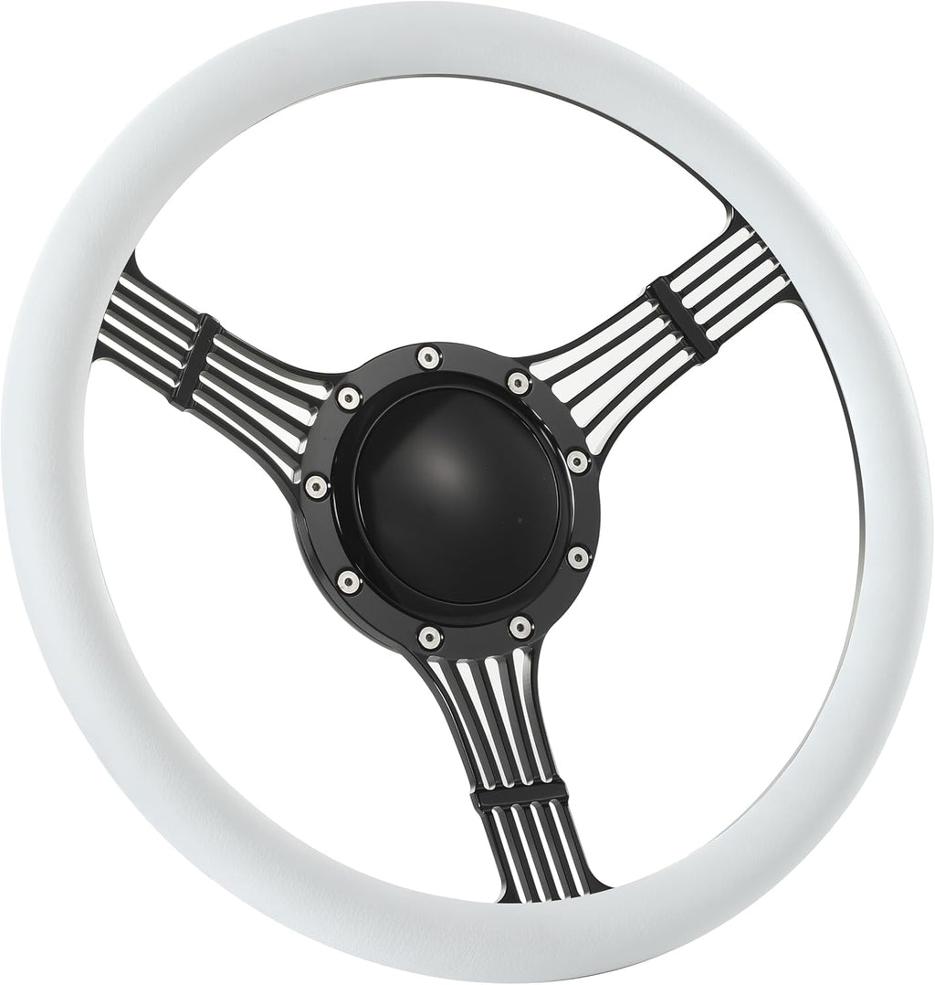 14'' Billet Banjo Half Wrap Steering Wheel with 9 Bolts 2'' Dish and Horn Button (White)