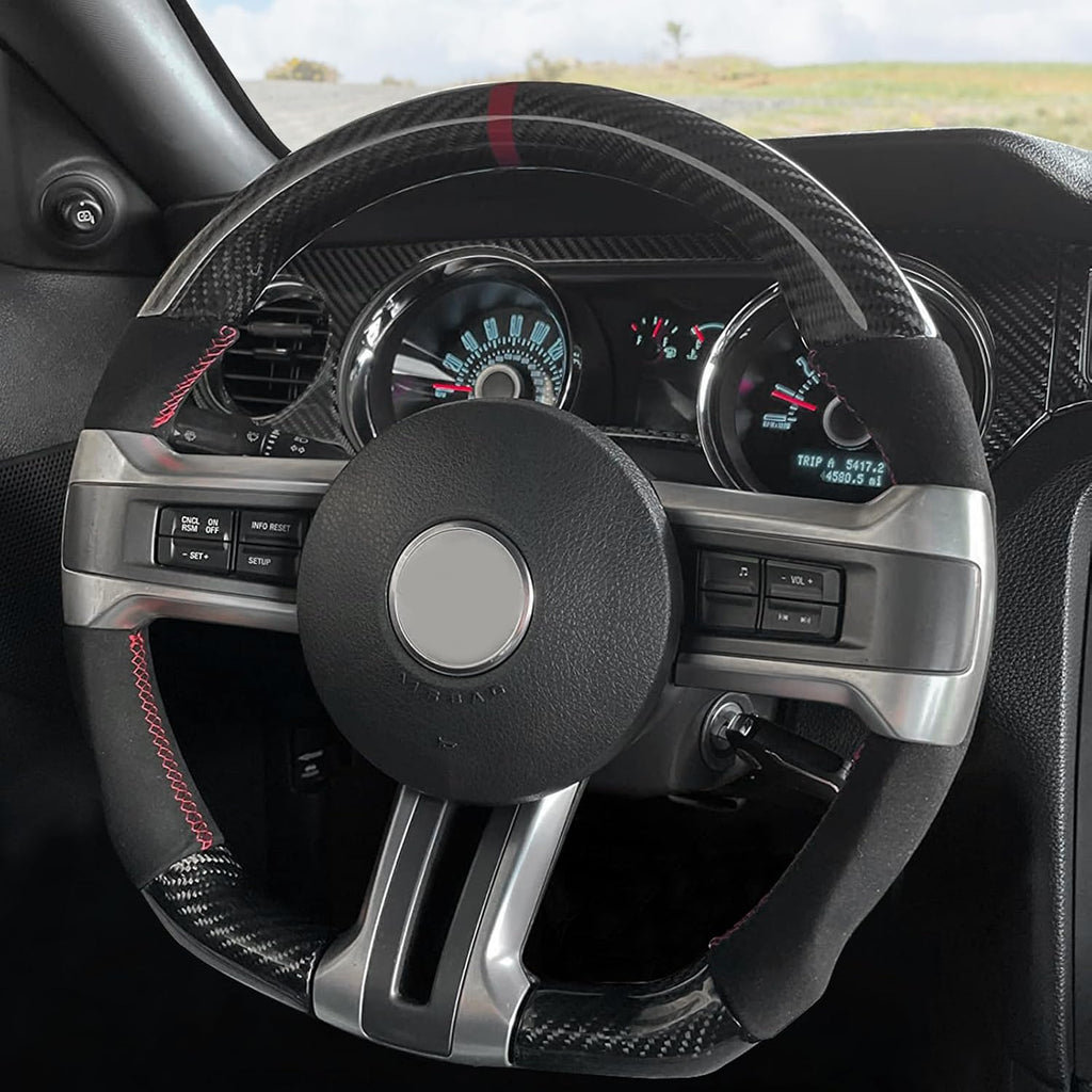 IKON MOTORSPORTS, Steering Wheel Compatible With 2010-2014 Ford Mustang, Black Carbon Fiber & Synthetic Suede Steering Wheel Brushed Kit With Red Stitching & Indicator, 2011 2012 2013