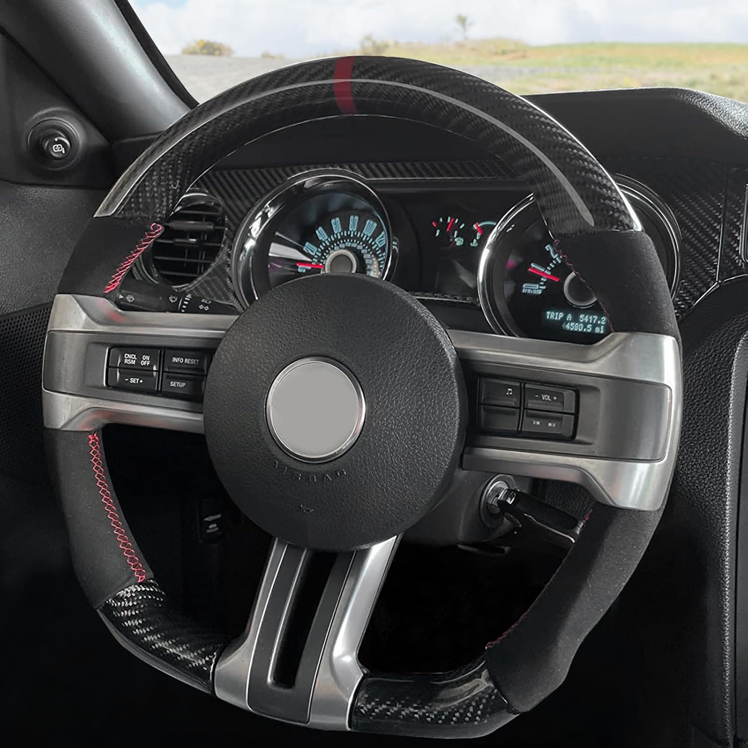 IKON MOTORSPORTS, Steering Wheel Compatible With 2010-2014 Ford Mustang, Black Carbon Fiber & Synthetic Suede Steering Wheel Brushed Kit With Red Stitching & Indicator, 2011 2012 2013