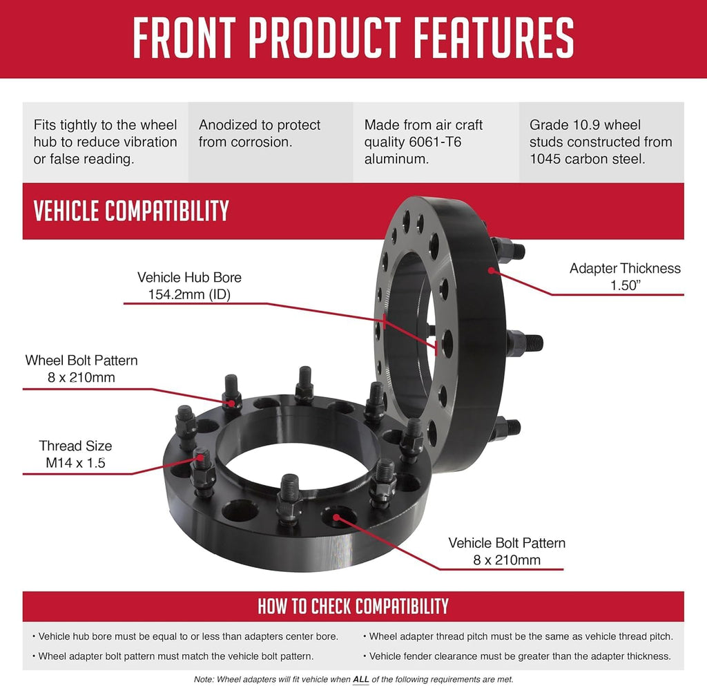 Wheel Accessories Parts 2 Pcs Hub Centric Wheel Spacers 8 on 210mm 1.50 Inch Thick 154.2mm Hub M14x1.5 14x1.5 Thread Stud Fits Chevrolet Silverado GMC Sierra 3500HD (Dually - Front Only)