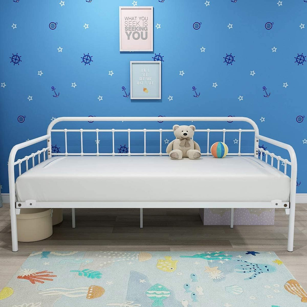 HOMERECOMMEND Multi-Purpose Metal Daybed Frame Heavy Duty Metal Slats Sofa Bed Platform Mattress Foundation Economic Day Bed White Color Twin Size.