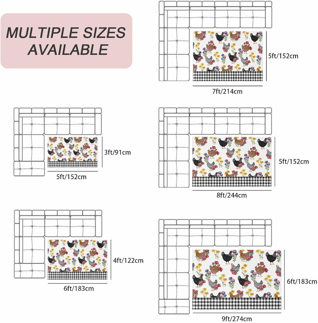 Farmhouse Rooster Outdoor Rug for Patio/Deck/Porch, Non-Slip Large Area Rug 4 x 6 Ft, Country Watercolor Flowers Black Plaid Indoor Outdoor Rugs Washable Area Rugs, Camping Rug Carpet Runner