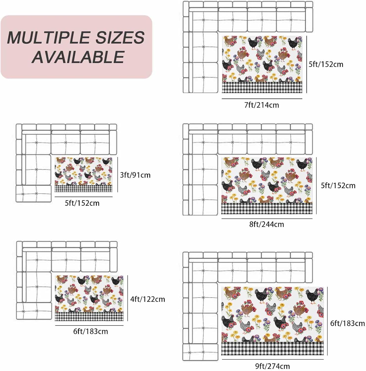 Farmhouse Rooster Outdoor Rug for Patio/Deck/Porch, Non-Slip Large Area Rug 4 x 6 Ft, Country Watercolor Flowers Black Plaid Indoor Outdoor Rugs Washable Area Rugs, Camping Rug Carpet Runner