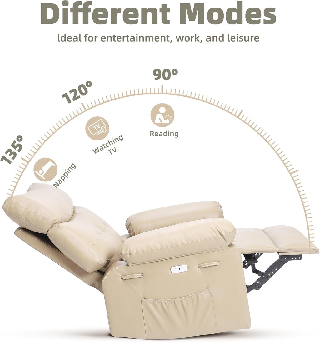 Oversized Recliner Chair with Heating & Massage, XL Faux Leather Nursery Rocking Chairs for Adults with Cup Holder and Side Pockets, Swivel Chair for Living Room, Bedroom Beige