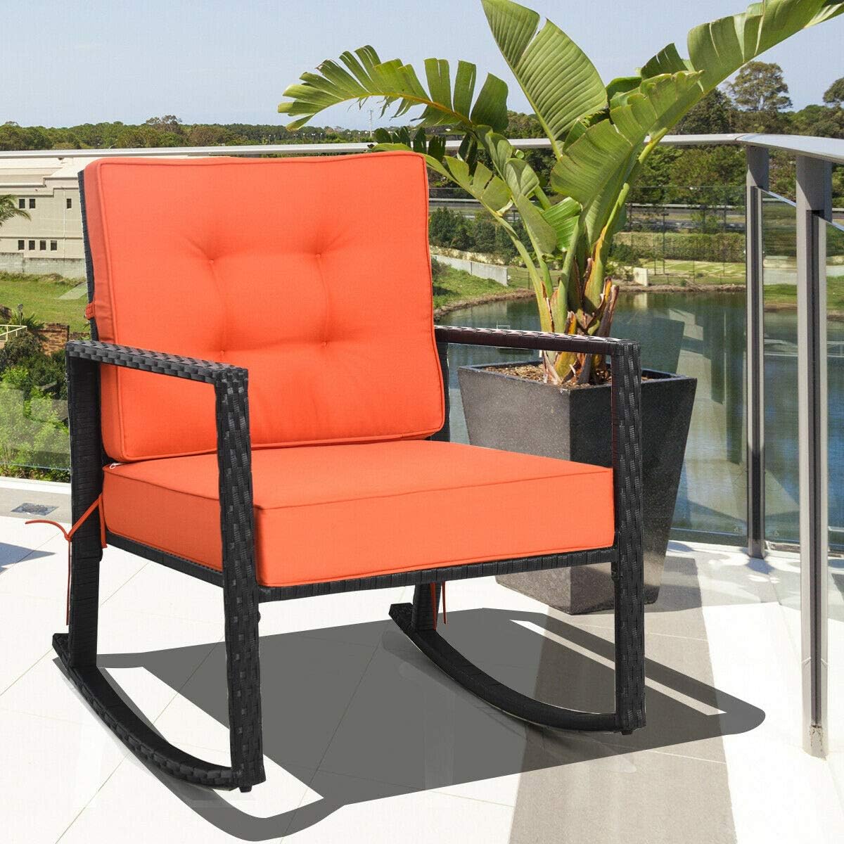 Tangkula Wicker Rocking Chair, Outdoor Glider Rattan Rocker Chair with Heavy-Duty Steel Frame, Patio Wicker Furniture Seat with 5' Thick Cushion for Garden, Porch, Backyard, Poolside (2, Orange)