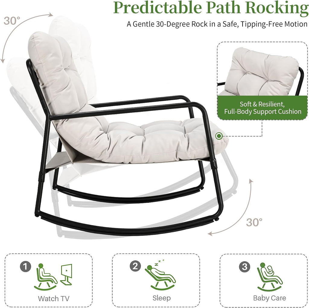 3-Piece Outdoor Rocking Chair Set with Side Table, Comfy Papasan Patio Lounge Chair, Metal Patio Bistro Furniture with Thick Cushions for Porch, Garden, Living Room (Beige)