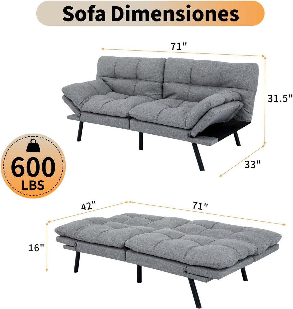 MUUEGM 71' Futon Sofa Bed, Cozy Convertible Loveseat Sleeper, Linen Fabric Couch with Adjustable Back & Arms for Living Room, Guest Room - Ash Gray