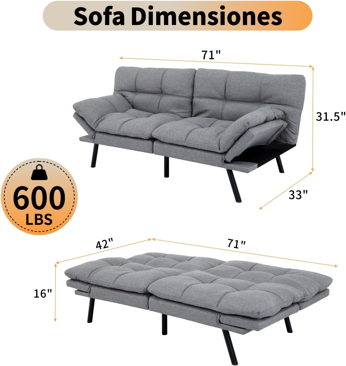 MUUEGM 71' Futon Sofa Bed, Cozy Convertible Loveseat Sleeper, Linen Fabric Couch with Adjustable Back & Arms for Living Room, Guest Room - Ash Gray