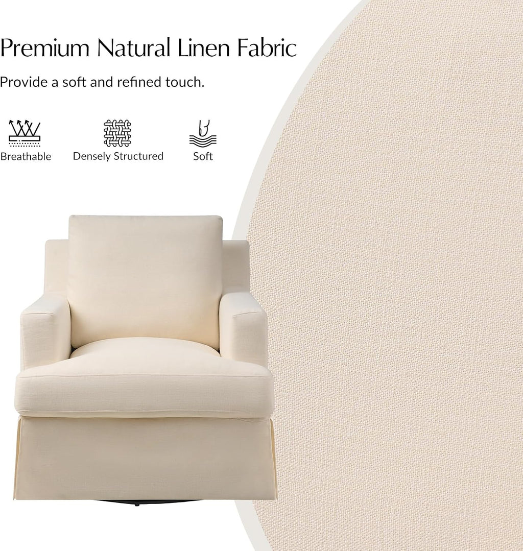 HULALA HOME Swivel Rocker Chair with Solid Wood Frame, Farmhouse Swivel Rocking Accent Chair with Washable Slipcover, Upholstered Barrel Armchair Down Blend Back and Seat Cushions, Linen