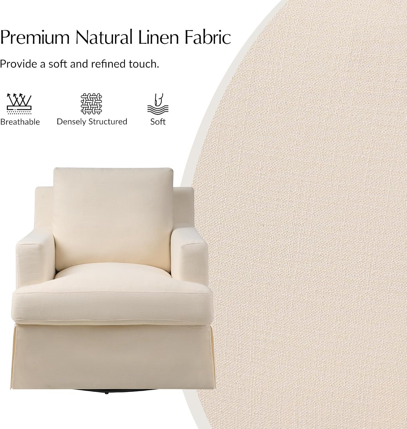 HULALA HOME Swivel Rocker Chair with Solid Wood Frame, Farmhouse Swivel Rocking Accent Chair with Washable Slipcover, Upholstered Barrel Armchair Down Blend Back and Seat Cushions, Linen