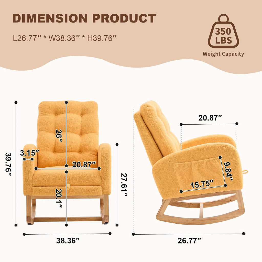 Nursery Rocking Chair,Rubber Wood Base Glider Rocking Chair with Adjustable Footrest and Side Pocket,Teddy Fleece Glider Rocker for Living Room, Bedroom (Teddy Fleece, Yellow)