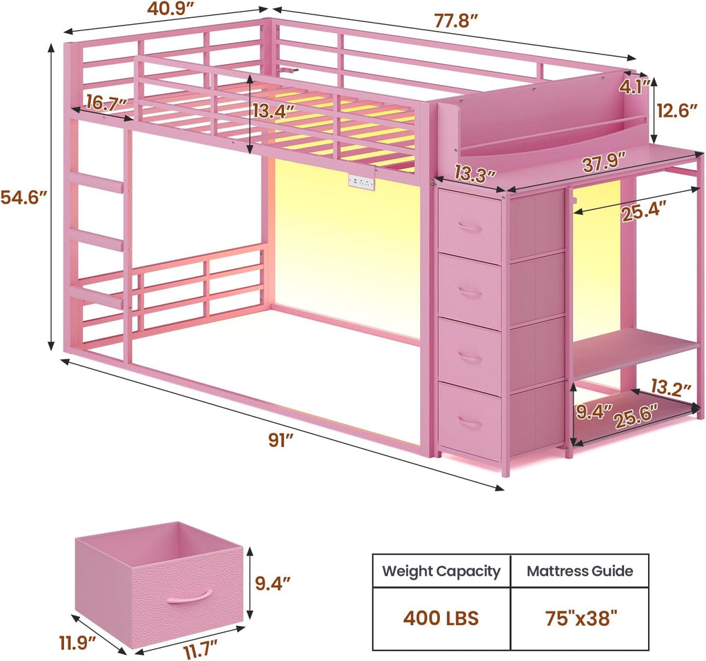 ADORNEVE Low Bunk Bed Twin Over Twin with Bookshelf, 4 Storage Drawers, Metal Kids Bunk Bed with Charging Station & RGB Lights, Clothing Rack & Shelves, Safety Guardrail & Ladder, for Girls, Pink