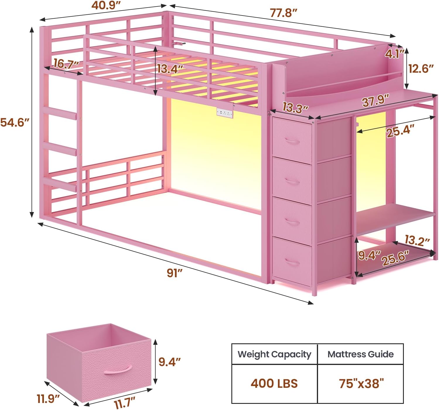 ADORNEVE Low Bunk Bed Twin Over Twin with Bookshelf, 4 Storage Drawers, Metal Kids Bunk Bed with Charging Station & RGB Lights, Clothing Rack & Shelves, Safety Guardrail & Ladder, for Girls, Pink