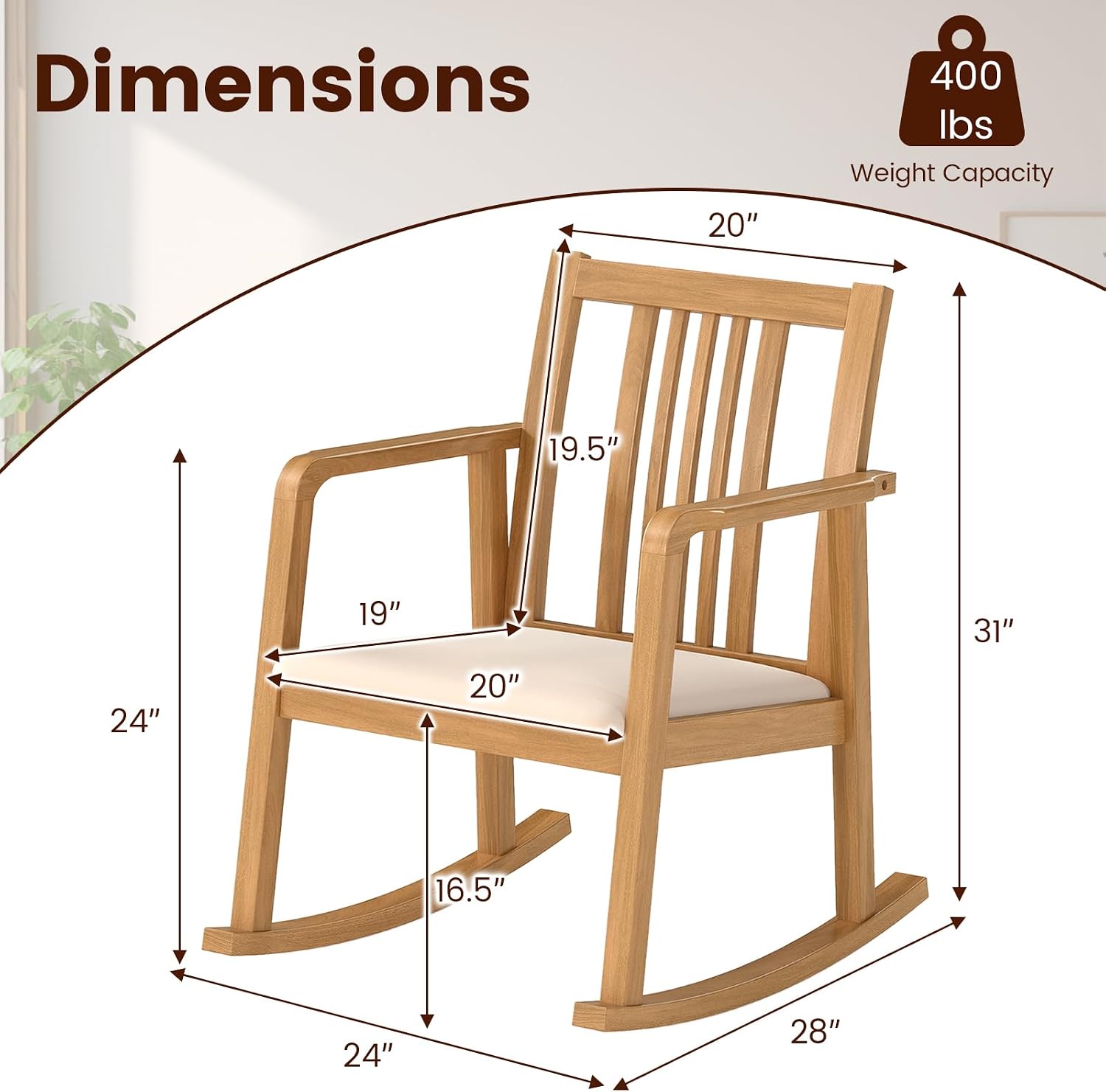 Giantex Rocking Chair with Cushioned Seat, Indoor Solid Rubber Wood Rocker Chair w/Slatted Back & Curved Armrests, Wooden Accent Armchair for Living Room, Bedroom, Study, Porch (2,Natural + Beige)