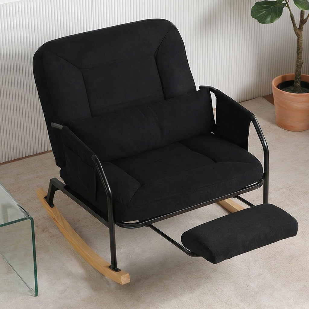 Oversized Rocking Chair, Extra-Wide Glider Patio Rocker Chairs with Foot Rest, Padded Cushion, Adjustable Backrest, Mental Wooden Farm, Indoor/Outdoor Living Room Bedroom Balcony Porch，Black