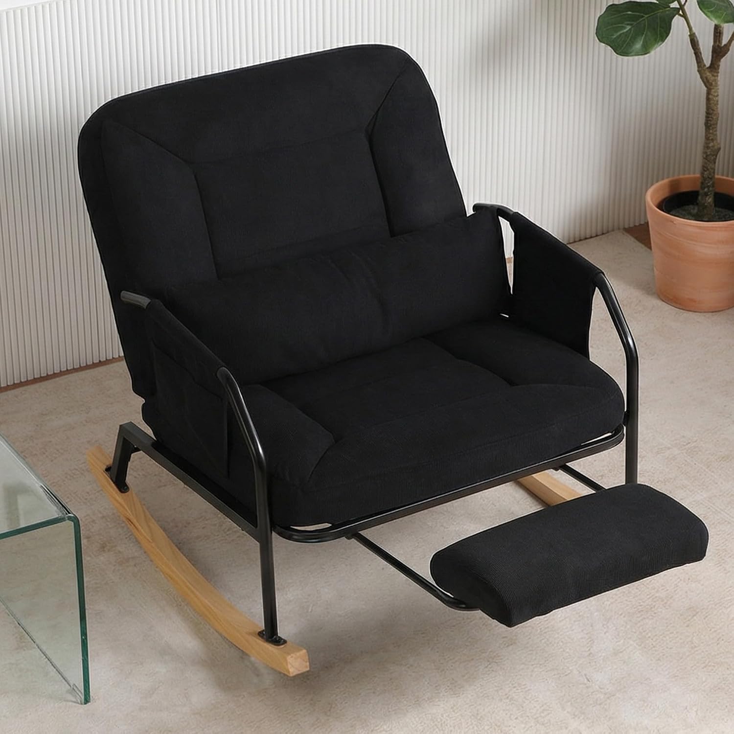 Oversized Rocking Chair, Extra-Wide Glider Patio Rocker Chairs with Foot Rest, Padded Cushion, Adjustable Backrest, Mental Wooden Farm, Indoor/Outdoor Living Room Bedroom Balcony Porch，Black