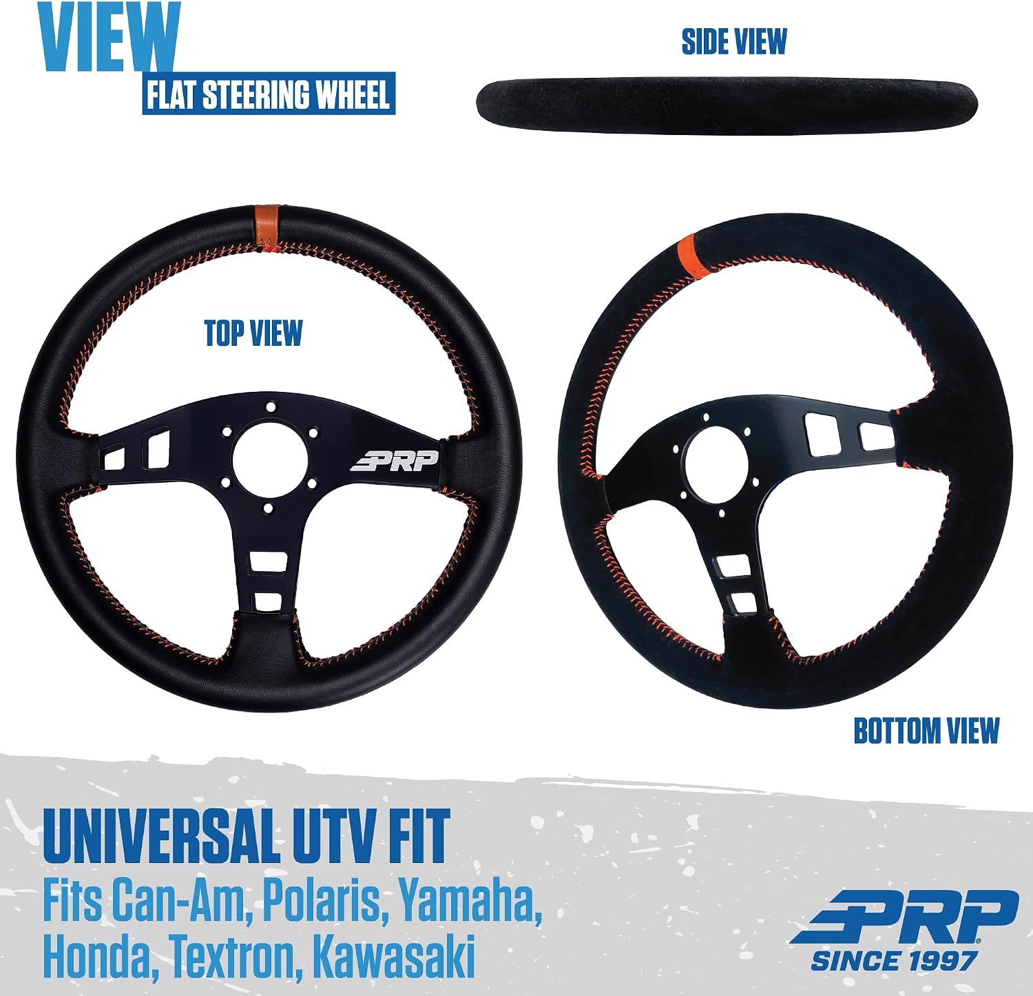 PRP Seats Flat Leather Grip Steering Wheel for Off-Road Racing, High-Strength Aluminum, Matte Blac