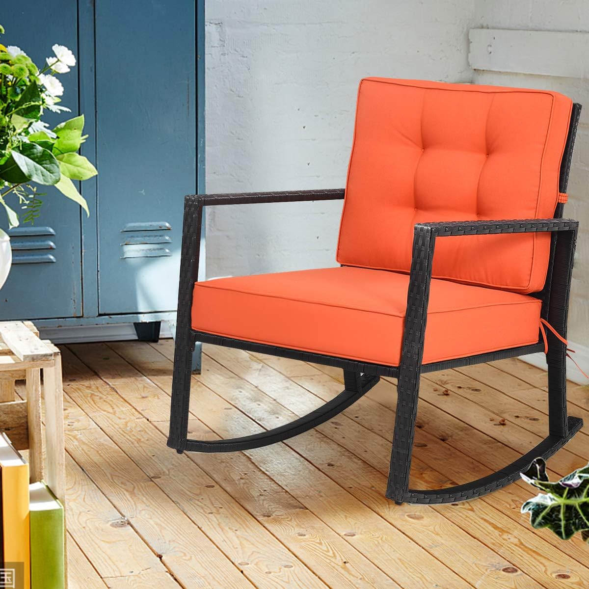 Tangkula Wicker Rocking Chair, Outdoor Rattan Rocker Chair with Heavy-Duty Steel Frame, Patio Furniture Seat with 5' Thick Cushion for Garden, Porch, Backyard, Poolside (1, Orange)