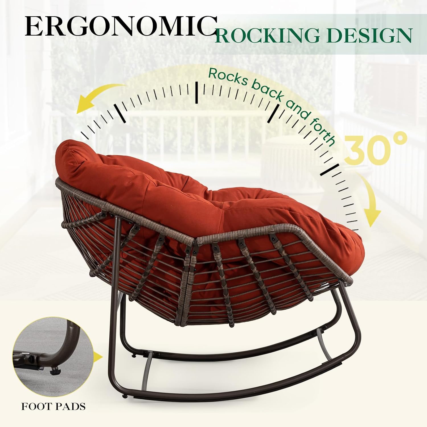 Deolme Large Papasan Rocking Chair Set of 2 with Cushion, Oversized Comfy Reading Chair Lounging Indoor Outdoor Rocker for Front Porch Backyard Bedroom Living Room Egg Chair Rattan (Orange)