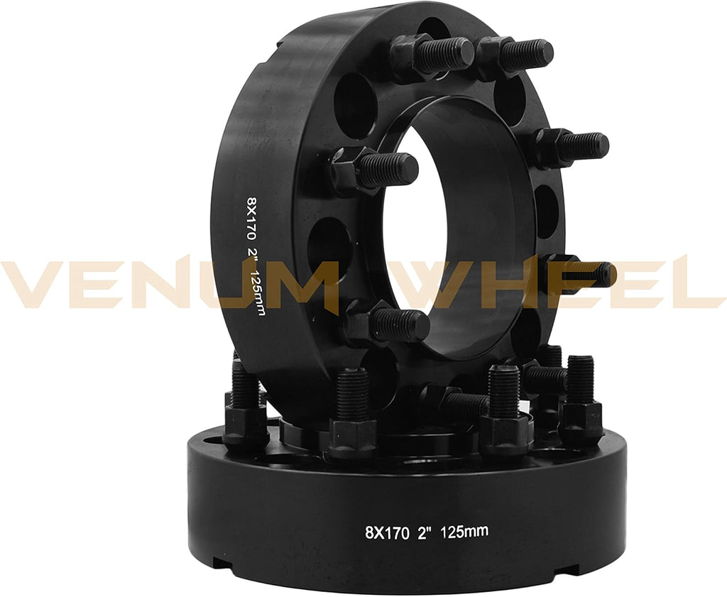Complete Bolt-On Kit 2' Thick Black Hub Centric Wheel Spacers Adapters (True Hub Centric) With Lip M14x1.5 Studs Lug Nuts Made In USA Works With F-250 F-350 SRW Excursion