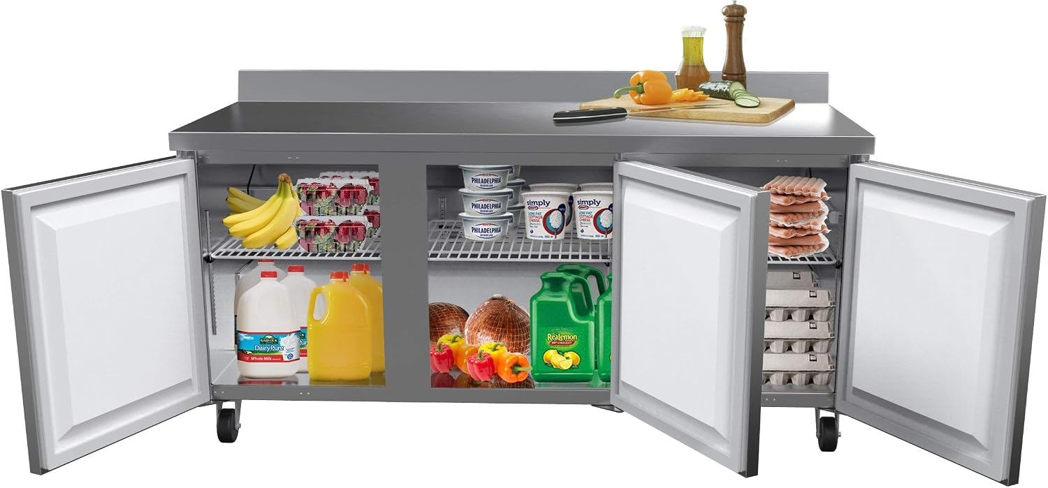 KoolMore 72' Stainless Steel 3 Door Worktop Commercial Refrigerator with 3 1/2 Backsplash - 16.9 cu.ft, Model: RWT-3D-16C
