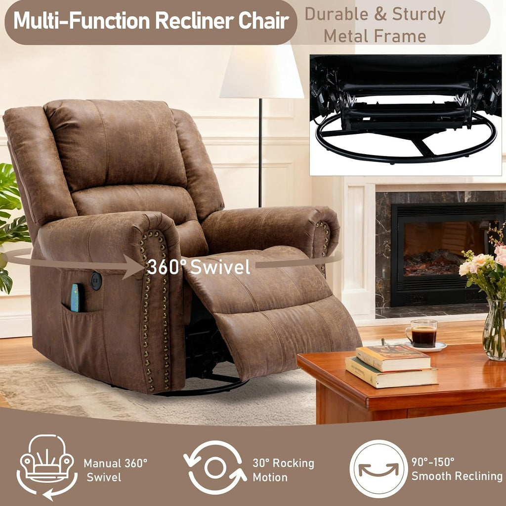 Manual Swivel Rocker Recliner with Heat and Vibration, 360° Swivel Glider Rocking Recliner, Ergonomic Lounge Massage Recliner Chairs with Side Pockets & USB Ports, Nut Brown