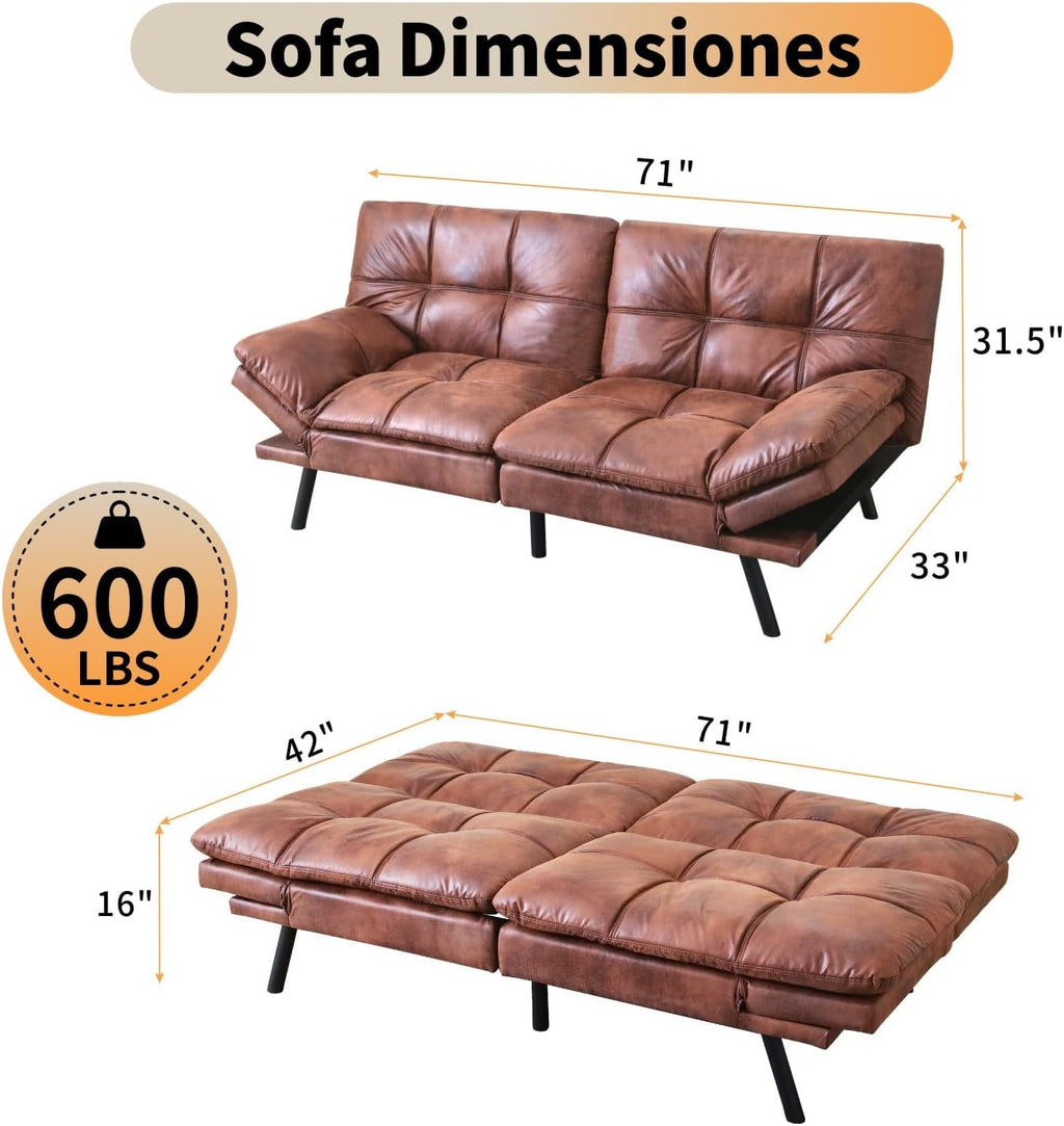 MUUEGM 71' Futon Sofa Bed, Modern Convertible Loveseat Sleeper, Faux Leather Couch with Adjustable Back & Arms for Small Spaces, Office & Apartment - Chocolate
