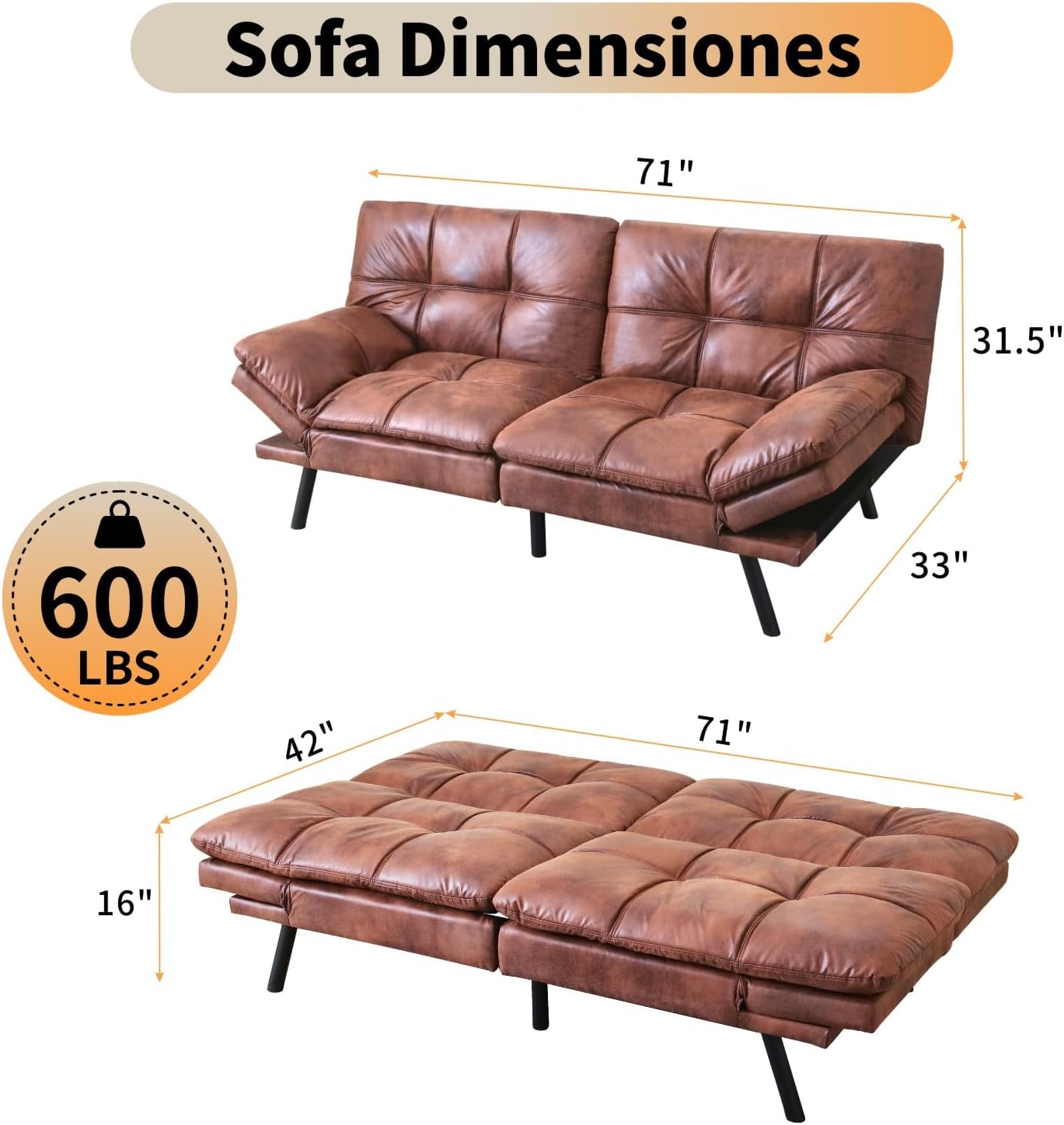 MUUEGM 71' Futon Sofa Bed, Modern Convertible Loveseat Sleeper, Faux Leather Couch with Adjustable Back & Arms for Small Spaces, Office & Apartment - Chocolate