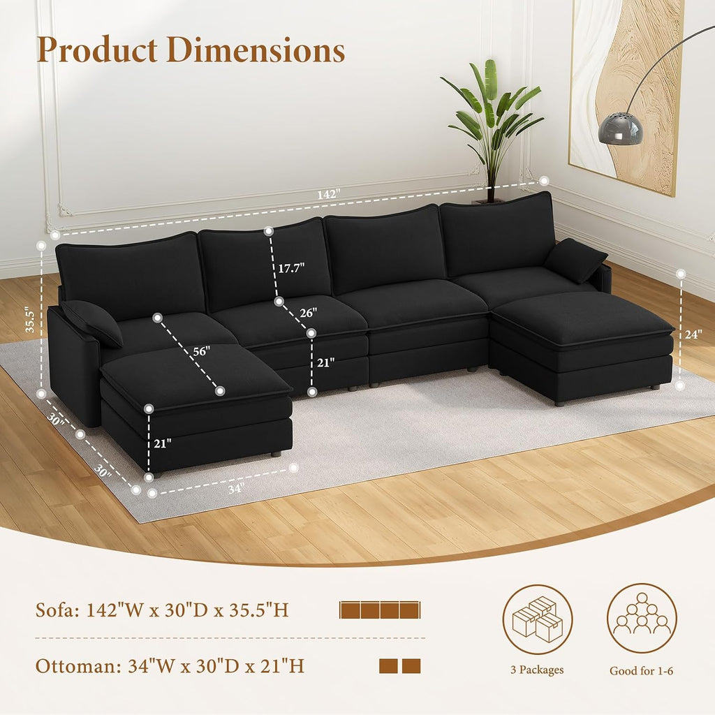 Vesgantti 142' U Shaped Sectional Couch, Comfy Cloud Modular Sectional Sofa with 2 Ottoman Deep Seat Chenille Modern Cloud Sofa, Modular Sofas for Living Room, Bedroom and Apartment, Black