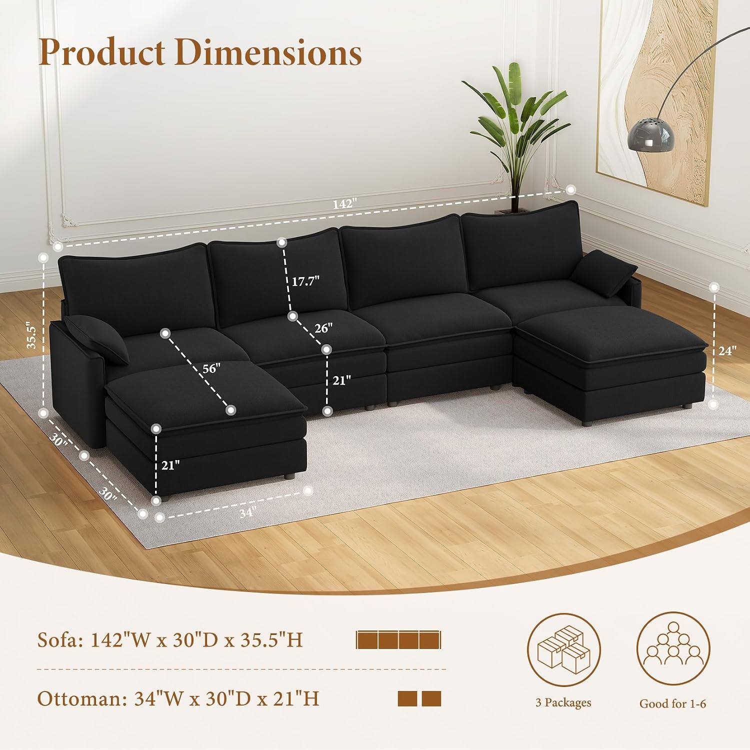 Vesgantti 142' U Shaped Sectional Couch, Comfy Cloud Modular Sectional Sofa with 2 Ottoman Deep Seat Chenille Modern Cloud Sofa, Modular Sofas for Living Room, Bedroom and Apartment, Black