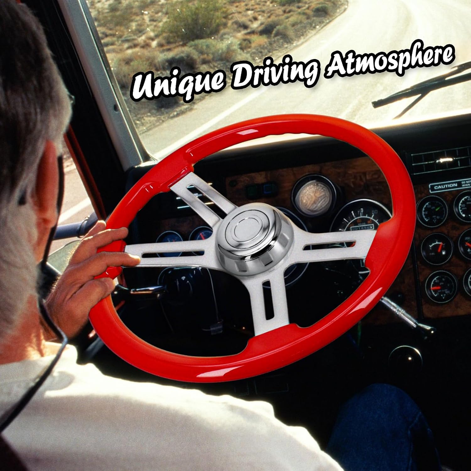 Sorghum 18' Solid Wood Steering Wheel - 4 Spokes Aluminum Chrome Classic Steering Wheel with Horn Button for Semi-Trailers Trucks Compatible with Mack Kenworth Peterbilt Volvo Freightliner-Red