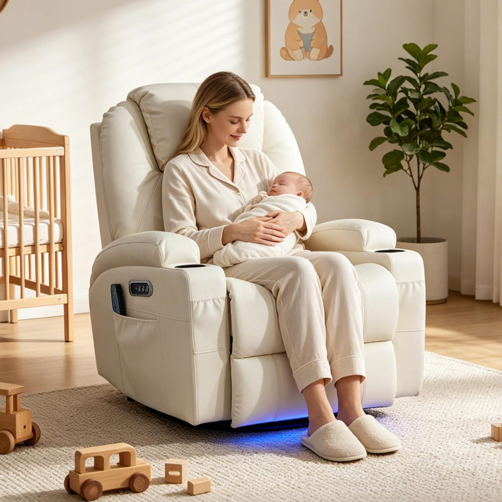 AHMED Rocking Recliner Nursery Chair, Dual Motor Power Swivel Glider Recliner with Heat & Massage, Nursery Recliner Chair with USB A/C Ports, Cup Holders & LED Light for Living Room & Bedroom, Beige