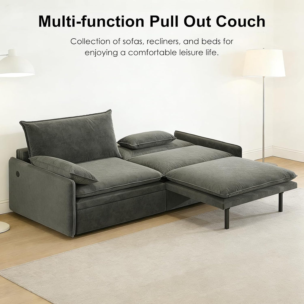 81' King Pull-Out Sofa Bed, 3-in-1 Convertible Sleeper Sofa Bed with Hidden Storage & USB Charging, Chenille Cloud Couch with Chaise Lounge for Living Room & Apartment, Dark Grey | Pullout Couch