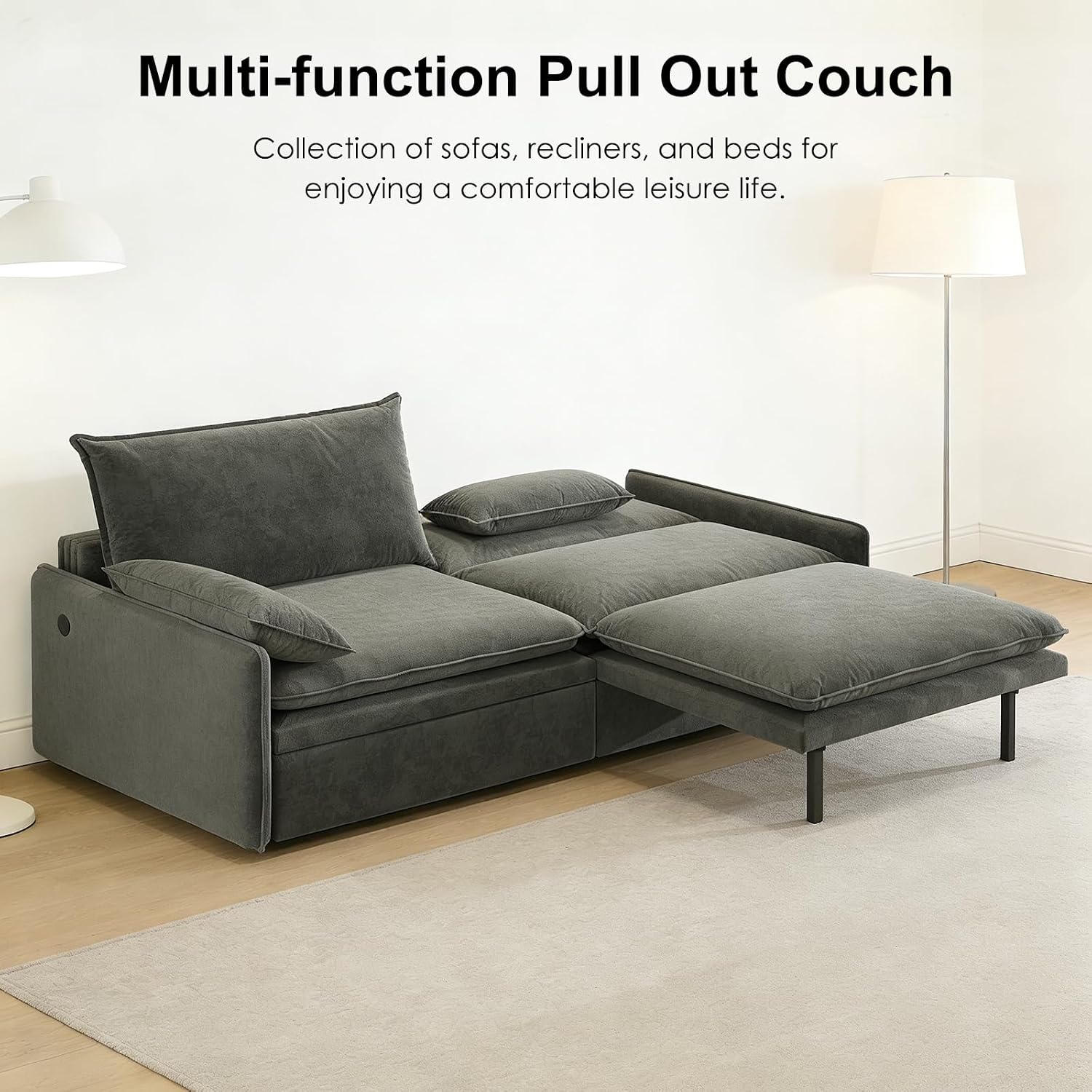 81' King Pull-Out Sofa Bed, 3-in-1 Convertible Sleeper Sofa Bed with Hidden Storage & USB Charging, Chenille Cloud Couch with Chaise Lounge for Living Room & Apartment, Dark Grey | Pullout Couch